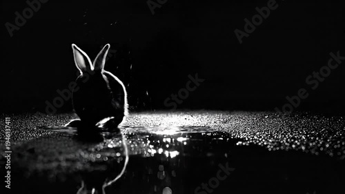 A silhouette of a rabbit sits in a reflective puddle. High contrast image in black and white