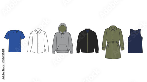 Flat vector illustration of various mens apparel blue tshirt white shirt grey hoodie black jacket olive trench coat dark blue tank top.