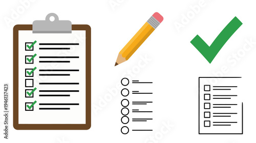 Flat vector icons clipboard checklist pencil green checkmark and various task list elements for productivity.