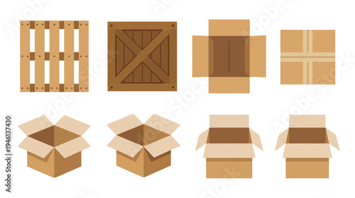 Flat Design Shipping and Packaging Elements Set Cardboard Boxes Crate Pallet.