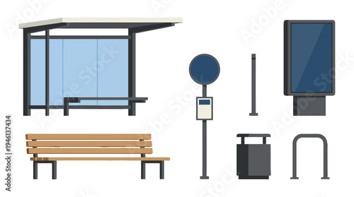 Flat design urban street furniture set bus stop wooden bench sign billboard trash bin bike rack bollard.