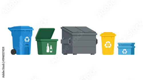 Flat design collection of colorful recycling bins and dumpsters including wheeled lidded and open containers with recycle symbols.