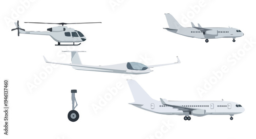 Diverse Grey Aircraft Collection Helicopter Passenger Jets Glider and Landing Gear in Flat Vector Style.