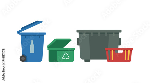 Diverse flat vector recycling and waste containers blue wheeled bin green box grey dumpster red basket for sorting.