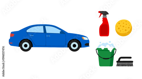 Flat design illustration of car washing tools with blue sedan sponge bucket spray bottle and brush.