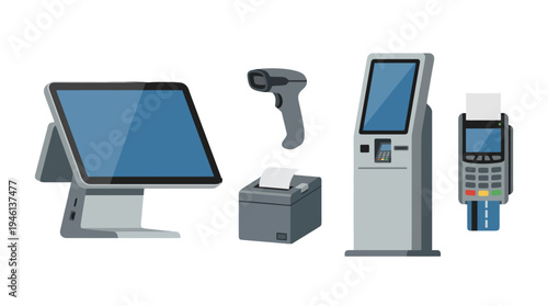 Flat design illustration of modern pointofsale and selfservice payment devices POS terminal barcode scanner receipt printer payment kiosk and card reader.