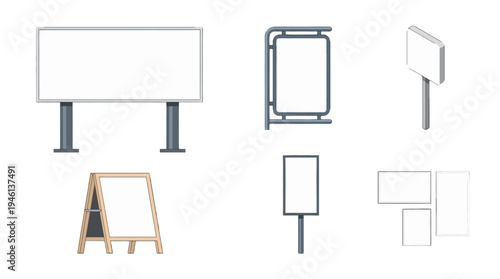 Diverse collection of blank advertising signs and billboards various shapes clean white display areas.