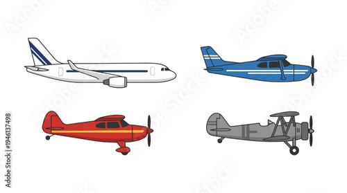 Diverse cartoon airplanes set passenger jet blue propeller plane red lowwing and grey biplane all in side view.