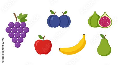 Vibrant Flat Design Fruit Collection Grapes Plums Figs Apple Banana Pear Icons.