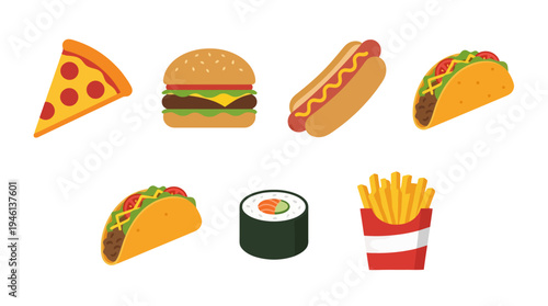 Vibrant flat design fast food icons set pizza slice cheeseburger hot dog tacos sushi roll and french fries.