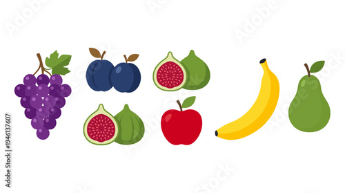 Vibrant flat vector fruit collection purple grapes blue plums red apple green figs yellow banana green pear.