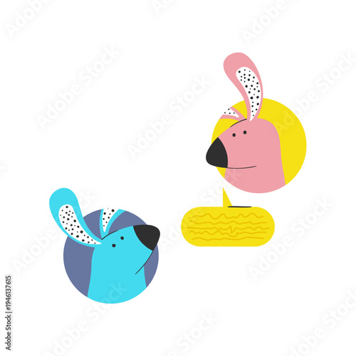 Cute Blue and Pink Bunnies Talking with Speech Bubbles - Dialogue Cartoon Rabbit Vector