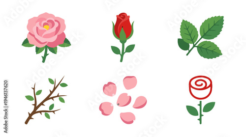 Vibrant flat design rose illustrations pink bloom red bud green leaves thorny branch scattered petals stylized icon.