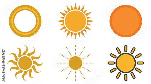 Vibrant collection of yellow and orange sun icons featuring diverse ray designs from sharp points to wavy lines and dotted patterns illustrating various styles.