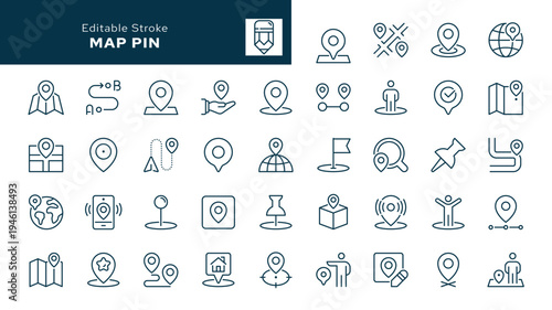 Map pin. Set of outline icons. Location, push pin, map marker, geolocation, route, flag, position, gps, address and more.  Line icon in linear style. Vector collection	