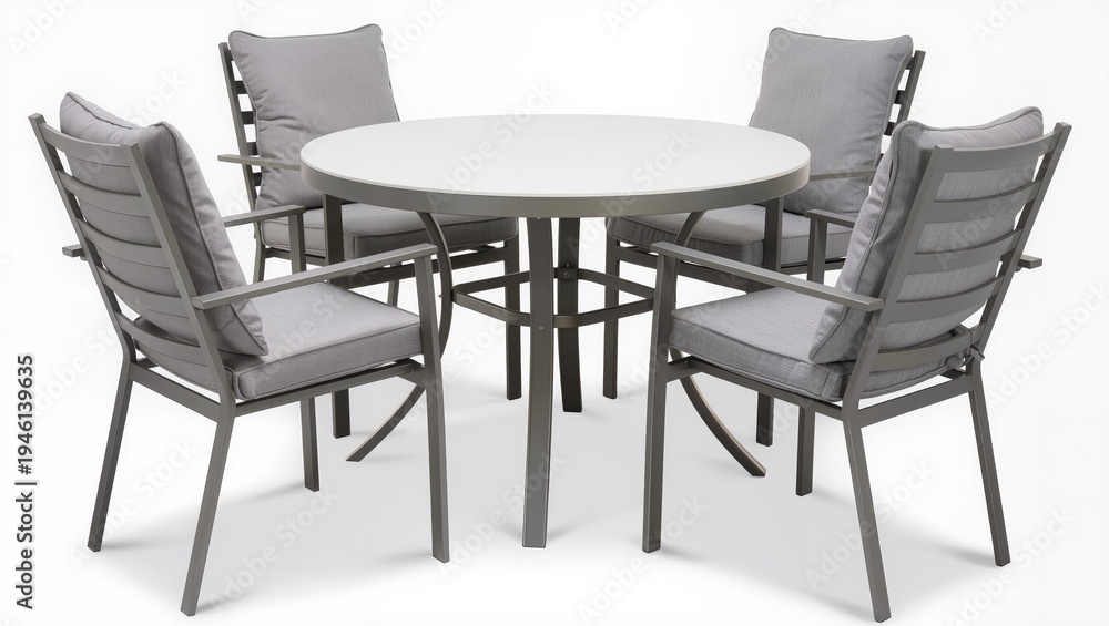 Fototapeta premium Round outdoor patio dining table with four armchairs isolated on white background, elegant garden furniture set designed for terrace or patio dining.