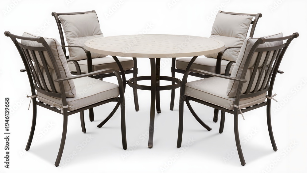 Obraz premium Round outdoor patio dining table with four armchairs isolated on white background, elegant garden furniture set designed for terrace or patio dining.