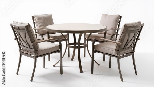 Round outdoor patio dining table with four armchairs isolated on white background, elegant garden furniture set designed for terrace or patio dining.