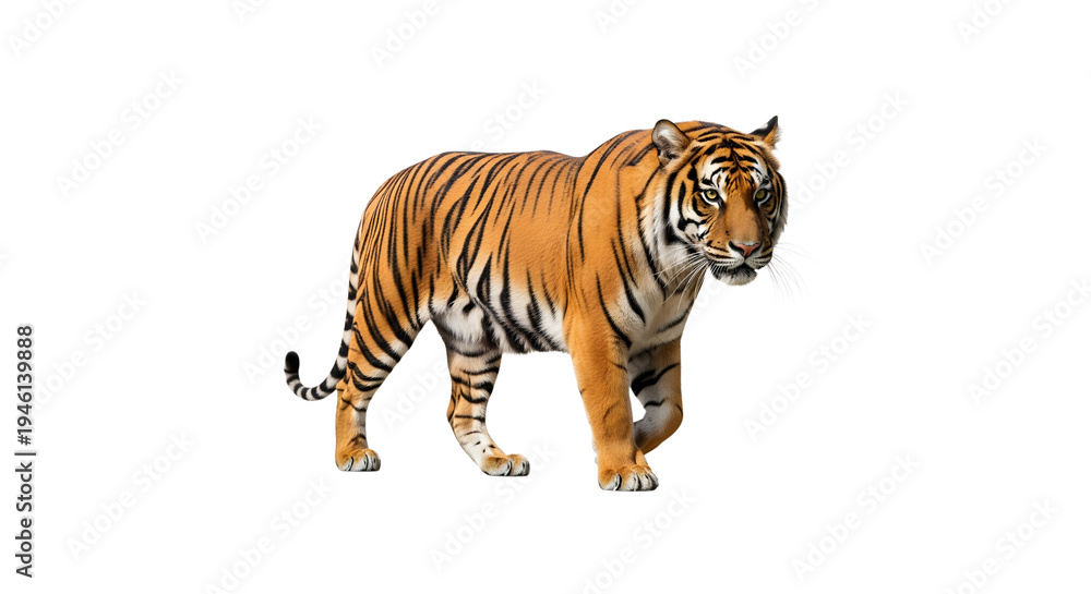 Obraz premium Majestic Bengal Tiger Standing Isolated on PNG, on transparent background