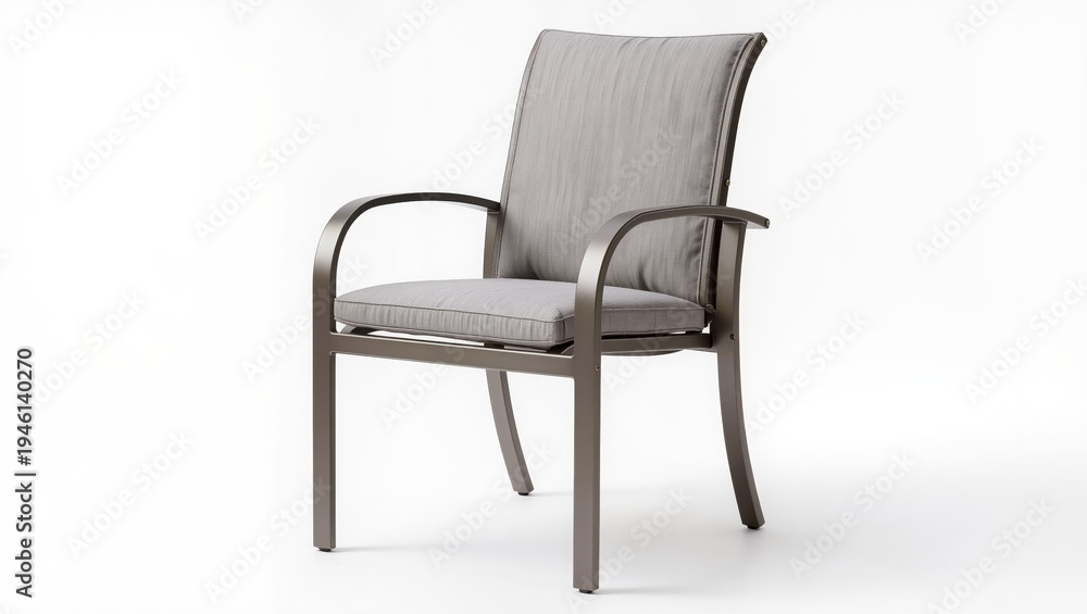 Fototapeta premium Modern outdoor patio dining chair with armrests isolated on white background, stylish garden furniture designed for terrace, patio or outdoor dining area.