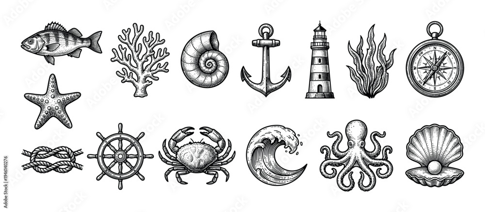 Obraz premium Large set of vintage nautical illustrations including a fish, octopus, crab, anchor, lighthouse, compass, and ship's wheel in a detailed black and white engraving style