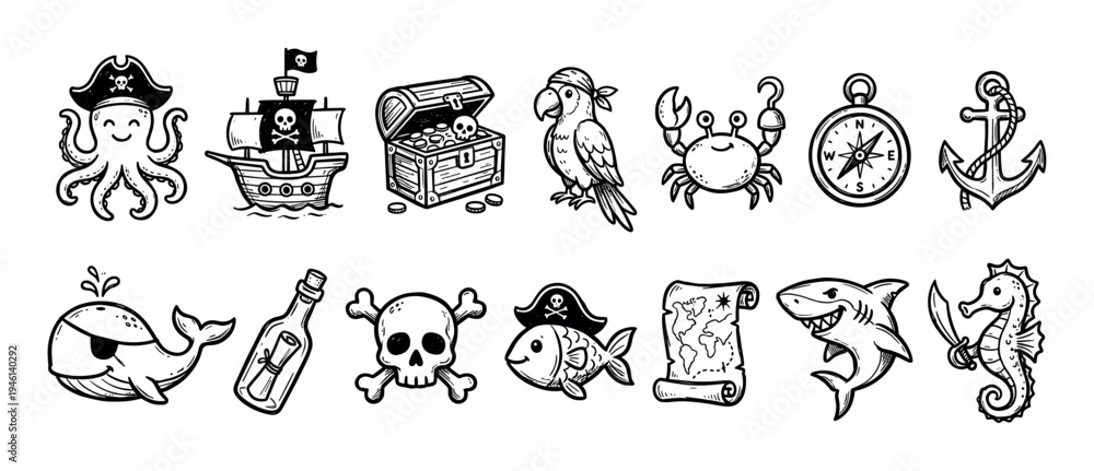 Fototapeta premium Set of hand-drawn pirate themed icons featuring a ship, treasure chest, skull, octopus, and whale in a cute cartoon doodle style for children's adventure concepts