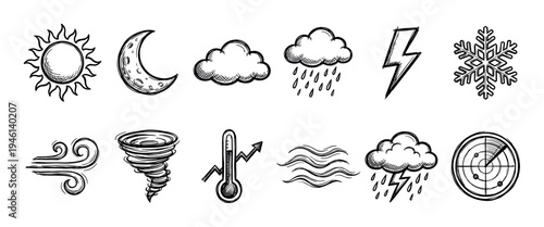 Hand-drawn weather forecast icon set in a black and white sketch style showing various meteorological symbols like sun, cloud, rain, lightning, snow, wind, and a tornado