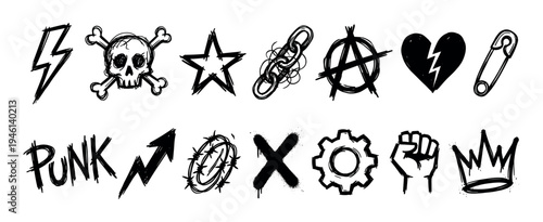 Collection of hand-drawn punk rock symbols including a skull, anarchy sign, and safety pin in a rough, sketchy, graffiti style for rebellious and music-themed designs