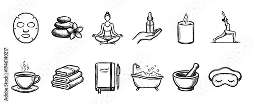 Set of twelve black and white self-care icons in a hand-drawn doodle style showing relaxation, wellness, and beauty routines like yoga, spa, and skincare