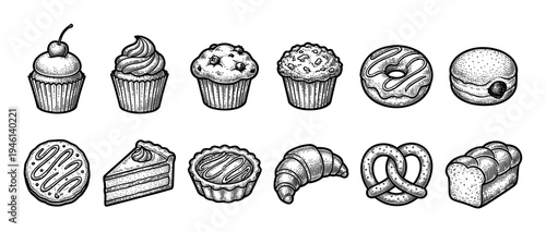 Set of bakery and pastry items including cupcake, muffin, donut, croissant, pretzel, and bread in a vintage black and white hand-drawn engraving or woodcut style illustration