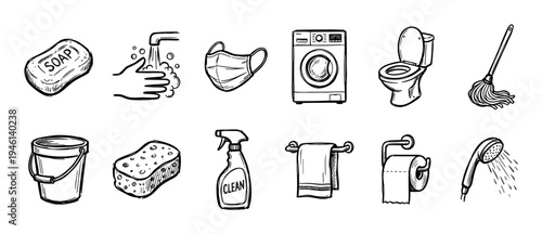 Hand-drawn cleaning and hygiene icon set featuring various household and bathroom items like soap, a face mask, and a washing machine in a simple black and white sketch style