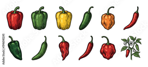 Colorful collection of various pepper types including bell, chili, habanero, and jalapeno in a detailed vintage hand-drawn engraving style illustration set