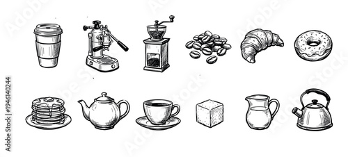 Hand-drawn collection of coffee and breakfast items including an espresso machine, grinder, croissant, and pancakes, rendered in a black and white sketch illustration style