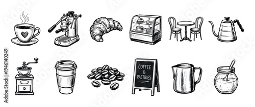 Hand-drawn coffee shop icon set with various cafe elements like an espresso machine, croissant, pastry case, and coffee cup in a black and white sketch illustration style