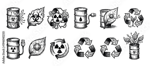 Set of hand-drawn sketch icons representing electronic waste, biohazard, radioactive pollution, and technology recycling in a detailed monochrome doodle illustration