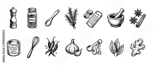 Hand-drawn black and white illustration set of culinary spices, herbs, and kitchen utensils for cooking, showing ginger, garlic, chili, basil, rosemary, and a mortar and pestle