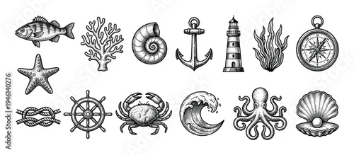 Large set of vintage nautical illustrations including a fish, octopus, crab, anchor, lighthouse, compass, and ship's wheel in a detailed black and white engraving style