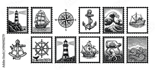 Collection of black and white nautical illustrations in a vintage woodcut style featuring a lighthouse, ship, anchor, compass, and octopus presented as postage stamps