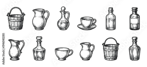 Collection of vintage hand-drawn kitchenware illustrations featuring a wooden bucket, glass bottles, pitchers, a decanter, and a cup, all rendered in a detailed engraving style
