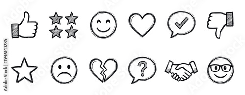 Collection of hand-drawn feedback icons representing customer satisfaction, reviews, and social media engagement, featuring sketched symbols like hearts, stars, and smiley faces