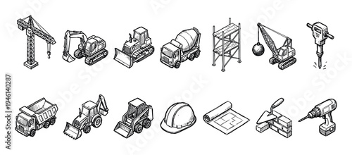 Hand-drawn set of construction icons in an isometric sketch style, featuring heavy machinery like a crane, excavator, bulldozer, and various building equipment and tools