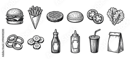 Detailed set of hand-drawn fast food elements including a burger, fries, onion rings, soda, and ingredients in a vintage black and white engraving style