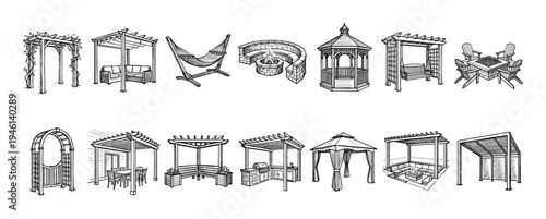Hand-drawn collection of garden furniture and structures including pergolas, gazebos, fire pits, and a hammock in a black and white sketch illustration style