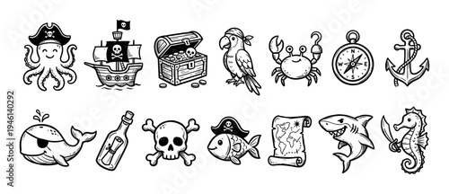 Set of hand-drawn pirate themed icons featuring a ship, treasure chest, skull, octopus, and whale in a cute cartoon doodle style for children's adventure concepts