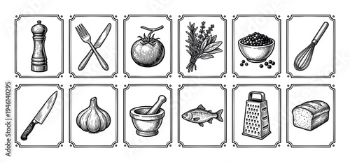 Set of vintage cooking and food illustrations in a classic engraving style showing kitchen utensils, herbs, vegetables, and ingredients like a pepper mill, knife, tomato, and garlic