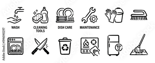 Set of hand-drawn icons representing household chores and cleaning tasks, including dishwashing, maintenance, and hygiene, presented in a simple black line art sketch style