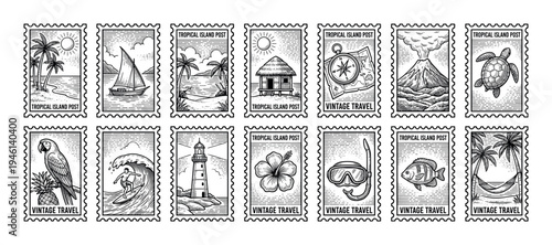Collection of black and white postage stamps with tropical island travel themes in a vintage engraved style, featuring a volcano, turtle, parrot, and surfer
