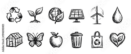 Set of hand-drawn ecology icons in a black sketch style representing sustainability, recycling, green energy, and nature concepts like a globe, sprout, and wind turbine