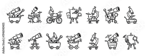 Hand-drawn doodle icon set featuring surreal combinations of scientific and artistic tools, including telescopes with guitars and microscopes on bicycles, in a simple black and white sketch style