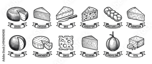 Large collection of various cheese types illustrated in a detailed black and white vintage woodcut style, showing different pieces like wedges, wheels, and blocks with ribbon labels